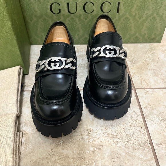 New authentic Gucci Interlocking G-chain leather loafers size 37.5 - Picture 9 of 10